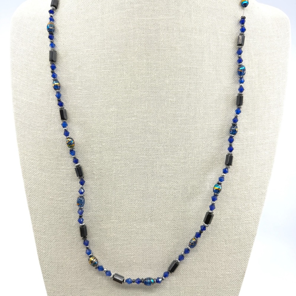 Cobalt Blue Bead Necklace with Magnetic Black Accent - Statement Gift
